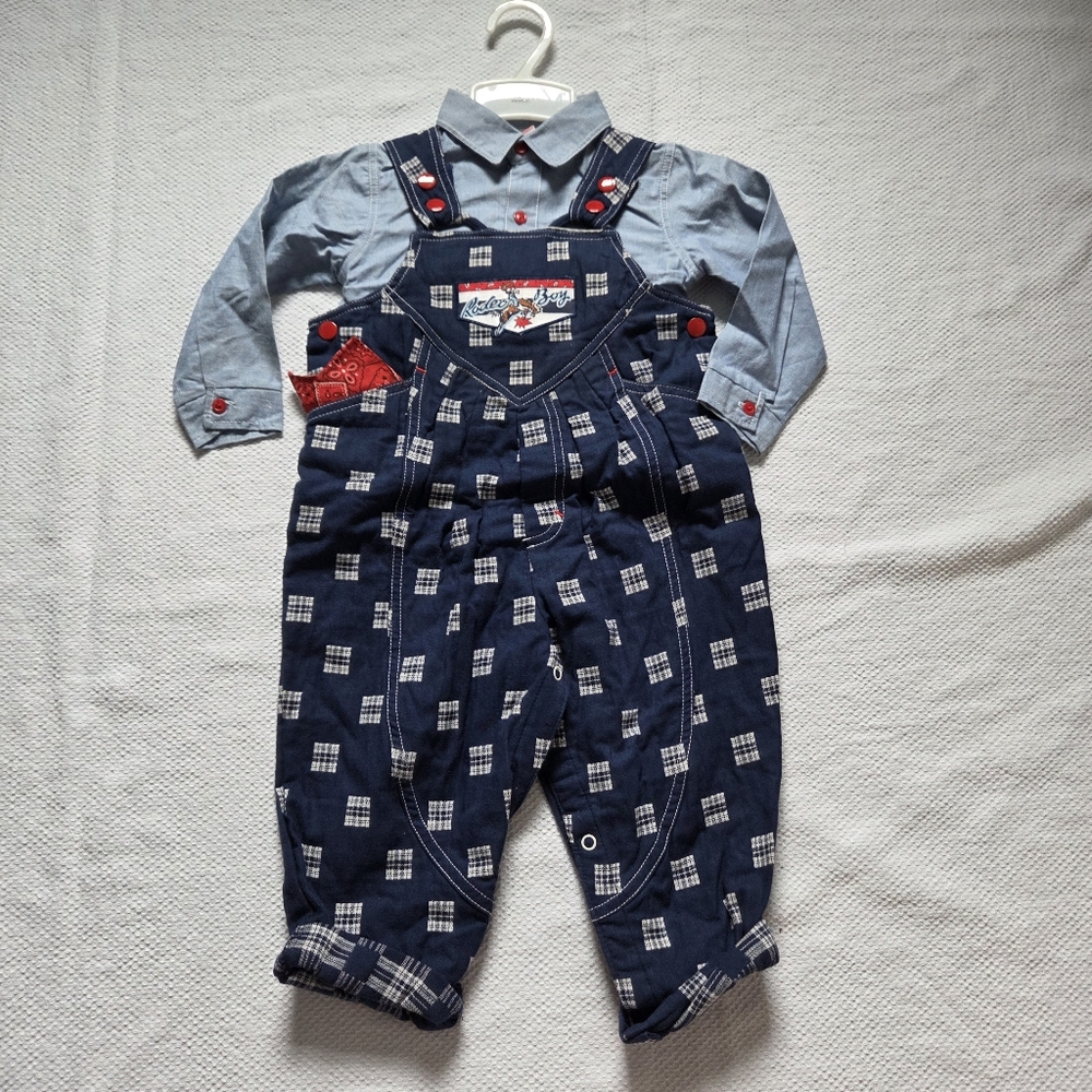Navy Plaid Kids Overalls With Red Bandanna Western Rodeo Fit